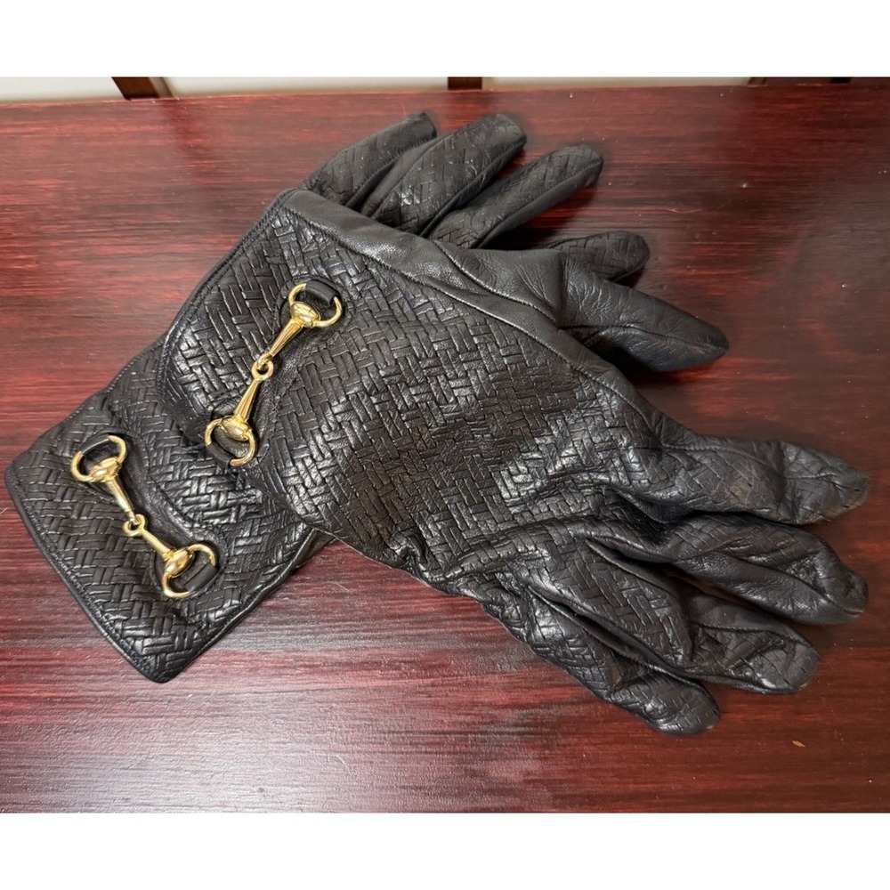 Leather Cashmere Italian Gold Horsebit Textured Black Gloves Size 8 Woven Classy